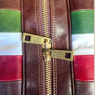 Borsone in pelle testa di moro con tricolore da bagaglio a mano