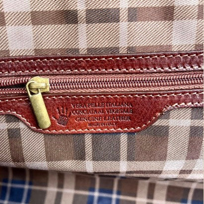 Borsone in pelle marrone classico con tricolore da bagaglio a mano