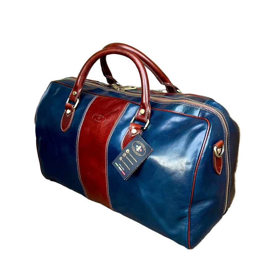 borsone in pelle blu bagaglio a mano valigia artigianale made in italy cuoieria italiana