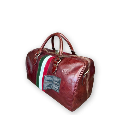 Borsone in pelle marrone classico con tricolore da bagaglio a mano