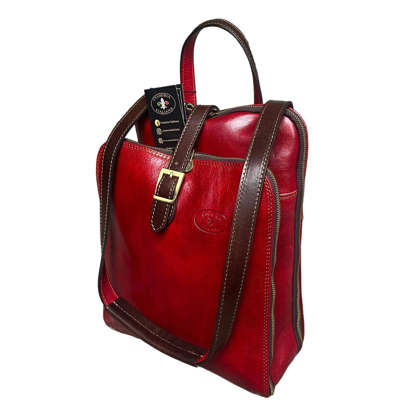 a tracolla zaino a triplo scomparto in pelle rosso e marrone zaino uomo donna made in italy cuoieria italiana