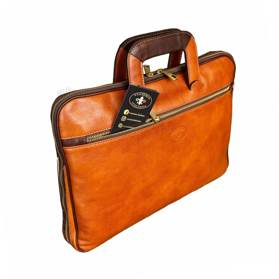 borsa cartella porta pc in pelle cuoio naturale da uomo sottile con manici a scomparsa made in italy cuoieria italiana