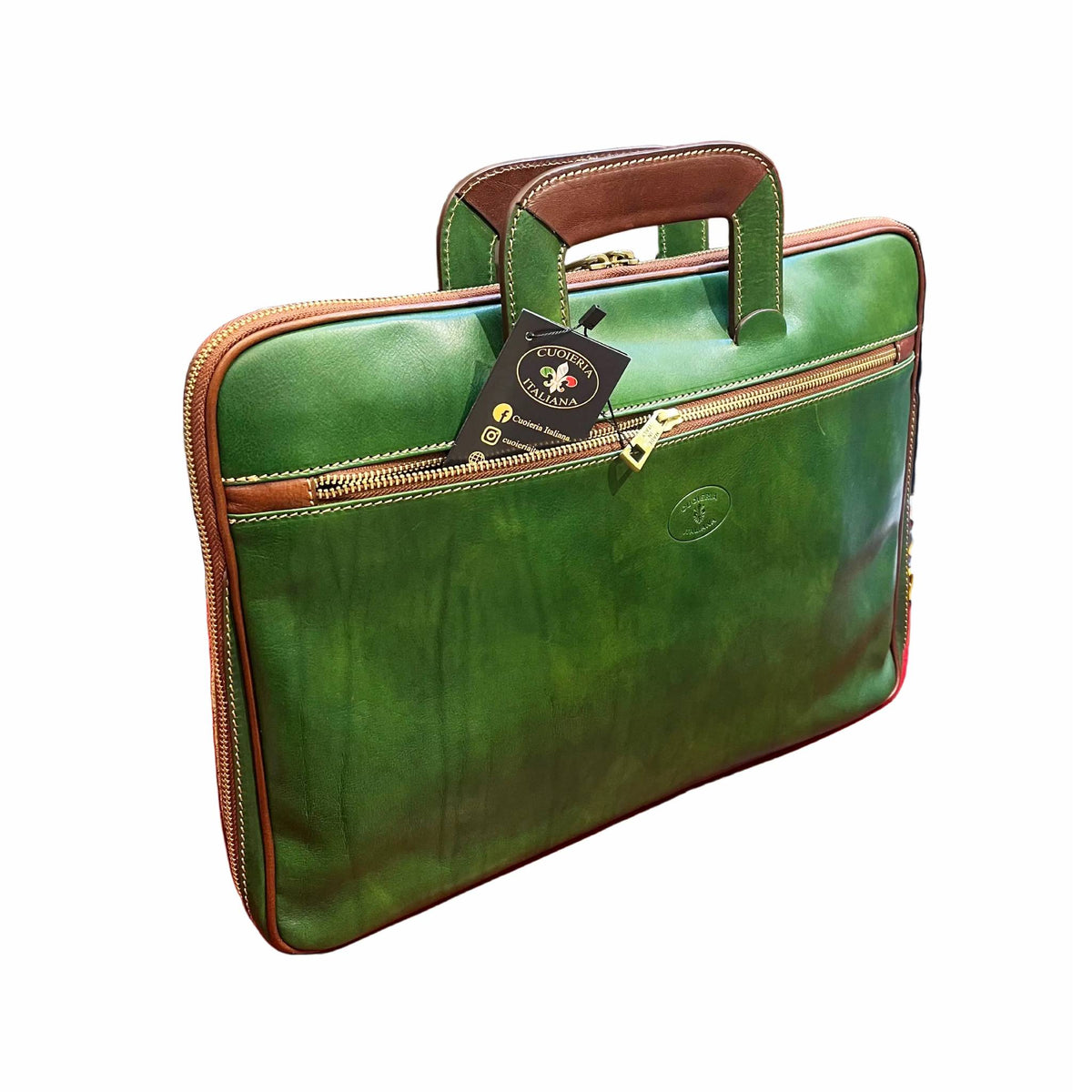 borsa cartella porta pc in pelle verde da uomo sottile con manici a scomparsa made in italy cuoieria italiana