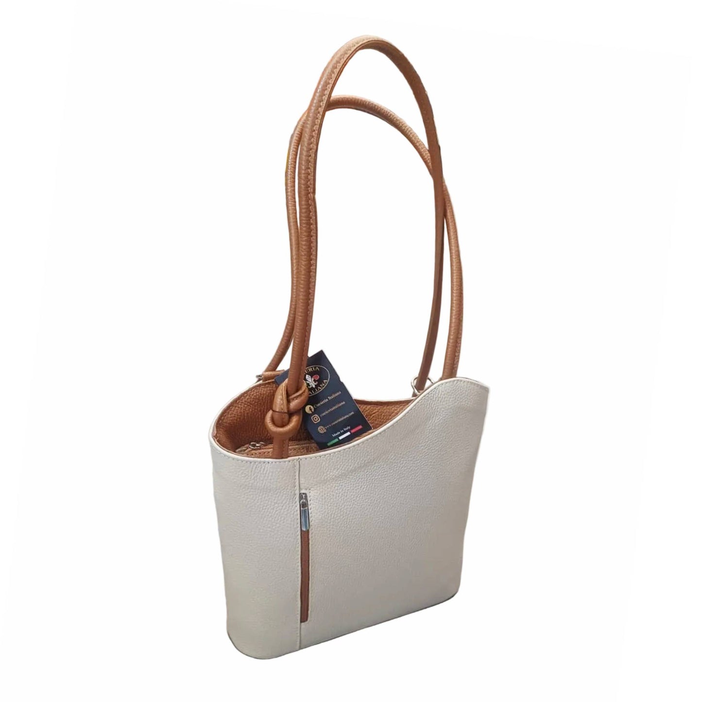 borsa zaino nodo in pelle panna e cuoio vitello martellato made in italy cuoieria italiana
