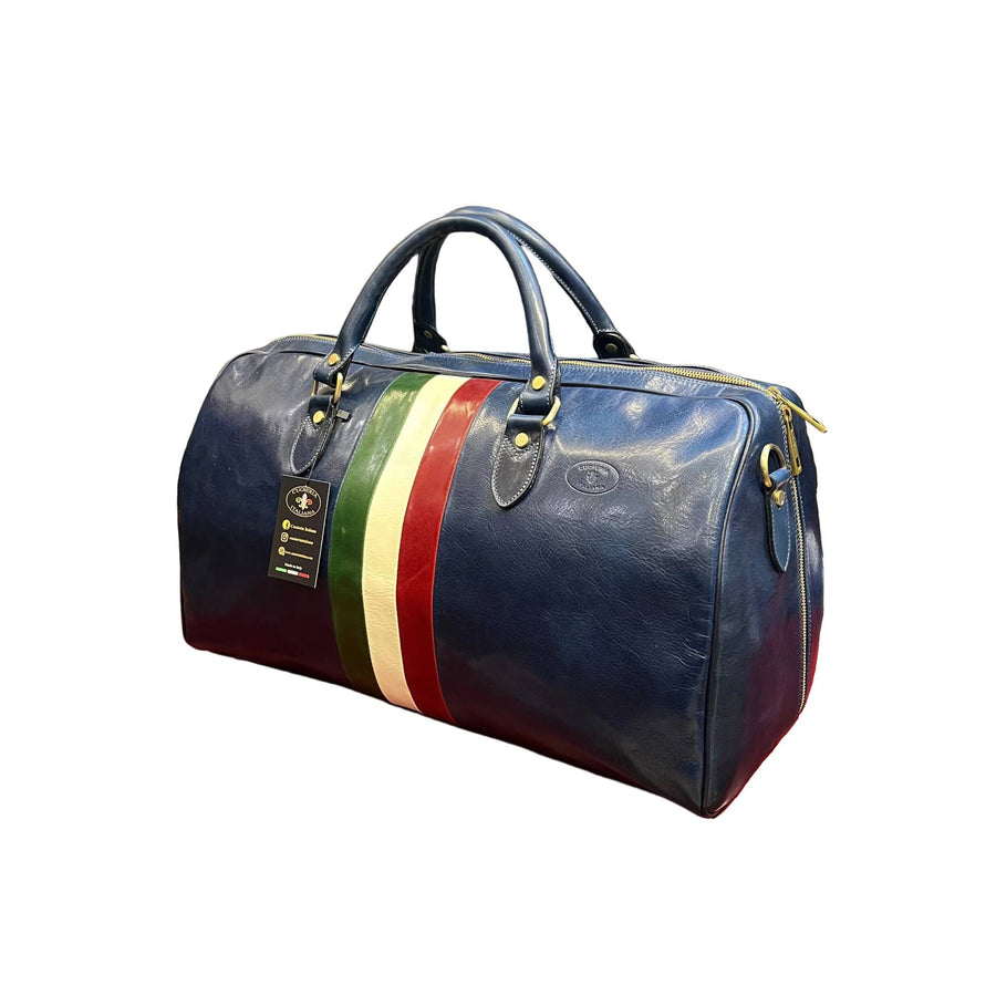 borsone da viaggio in pelle blue navy con tricolore borsa da bagaglio a mano fatta a mano in cuoio made in italy cuoieria italiana