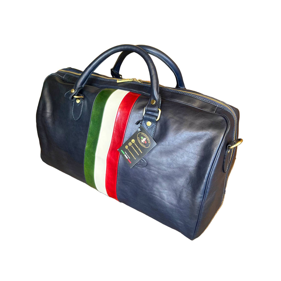 borsone in pelle blu navy opaco con tricolore bagaglio a mano artigianale made in italy cuoieria italiana