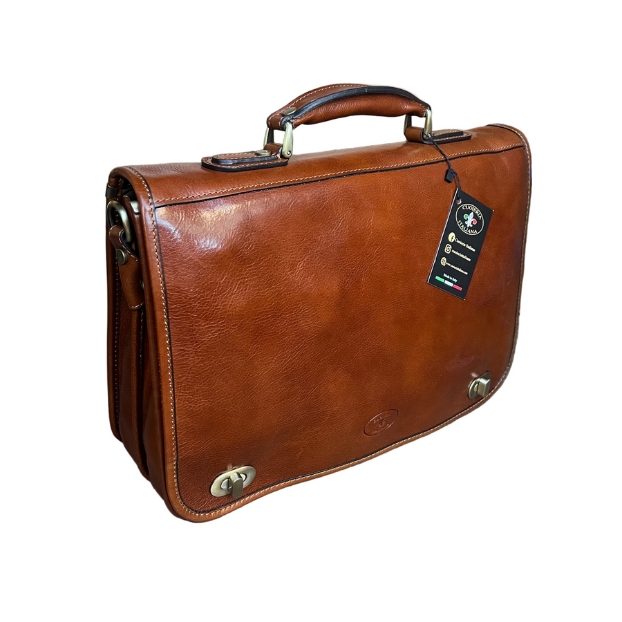 cartella da lavoro in pelle tinta cuoio naturale con chiusura a girello borsa professionale fatta a mano in cuoio made in italy cuoieria italiana®