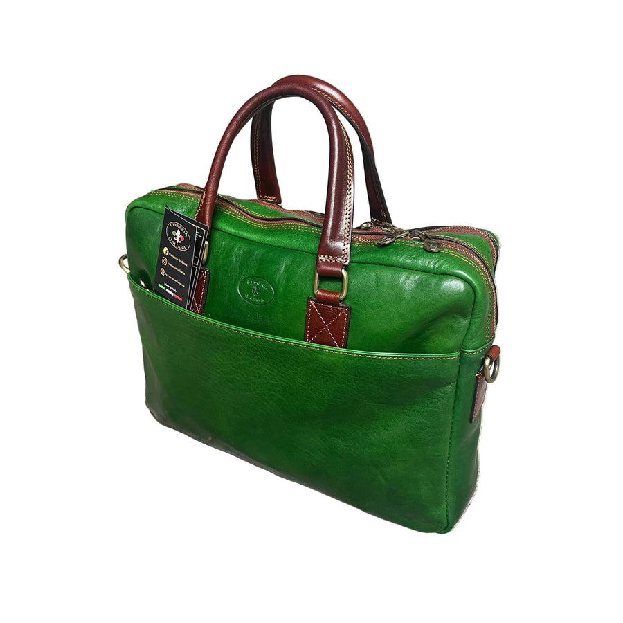 fenix cartella in pelle verde e marrone borsa porta computer a doppio scomparto made in Italy cuoieria italiana