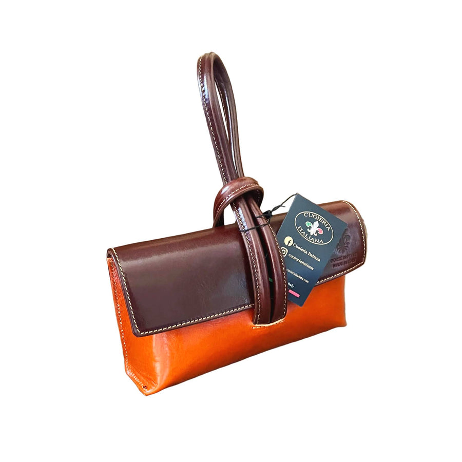 fiocco pochette borsetta a tracolla in pelle arancione e marrone made in italy cuoieria italiana