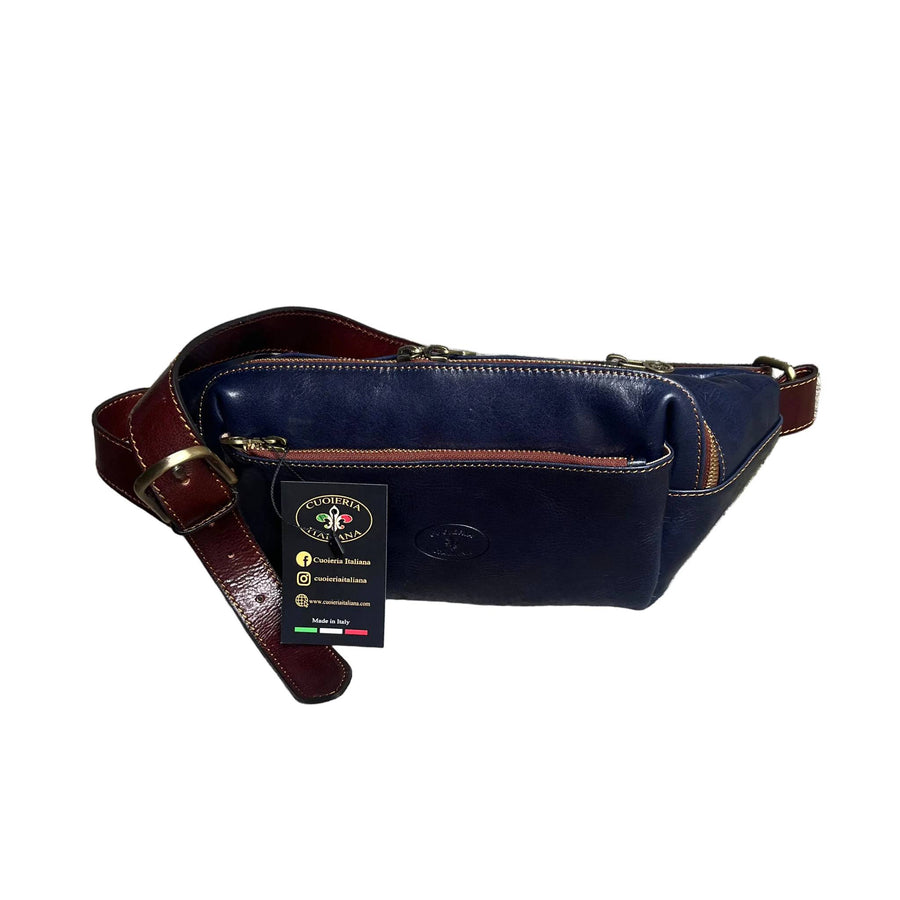 jupiter marsupio in pelle blue navy e marrone accessorio artigianale unisex in cuoio made in italy cuoieria italiana