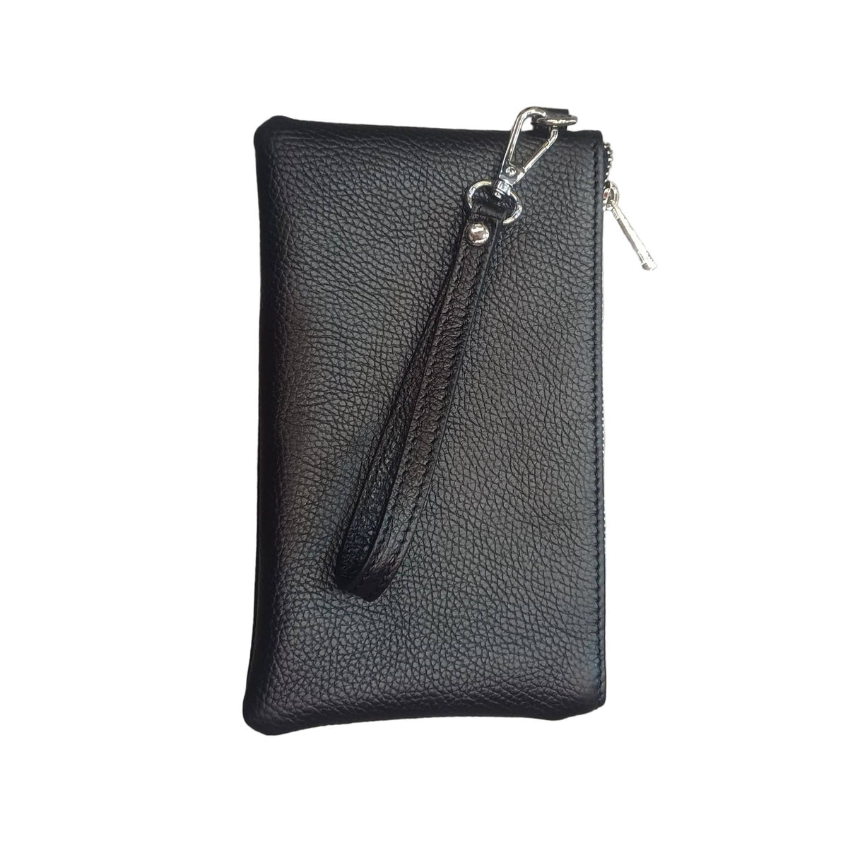 pochette piccola in pelle nera con attacco argento unisex in vitello martellato fatta a mano in cuoio made in italy cuoieria italiana
