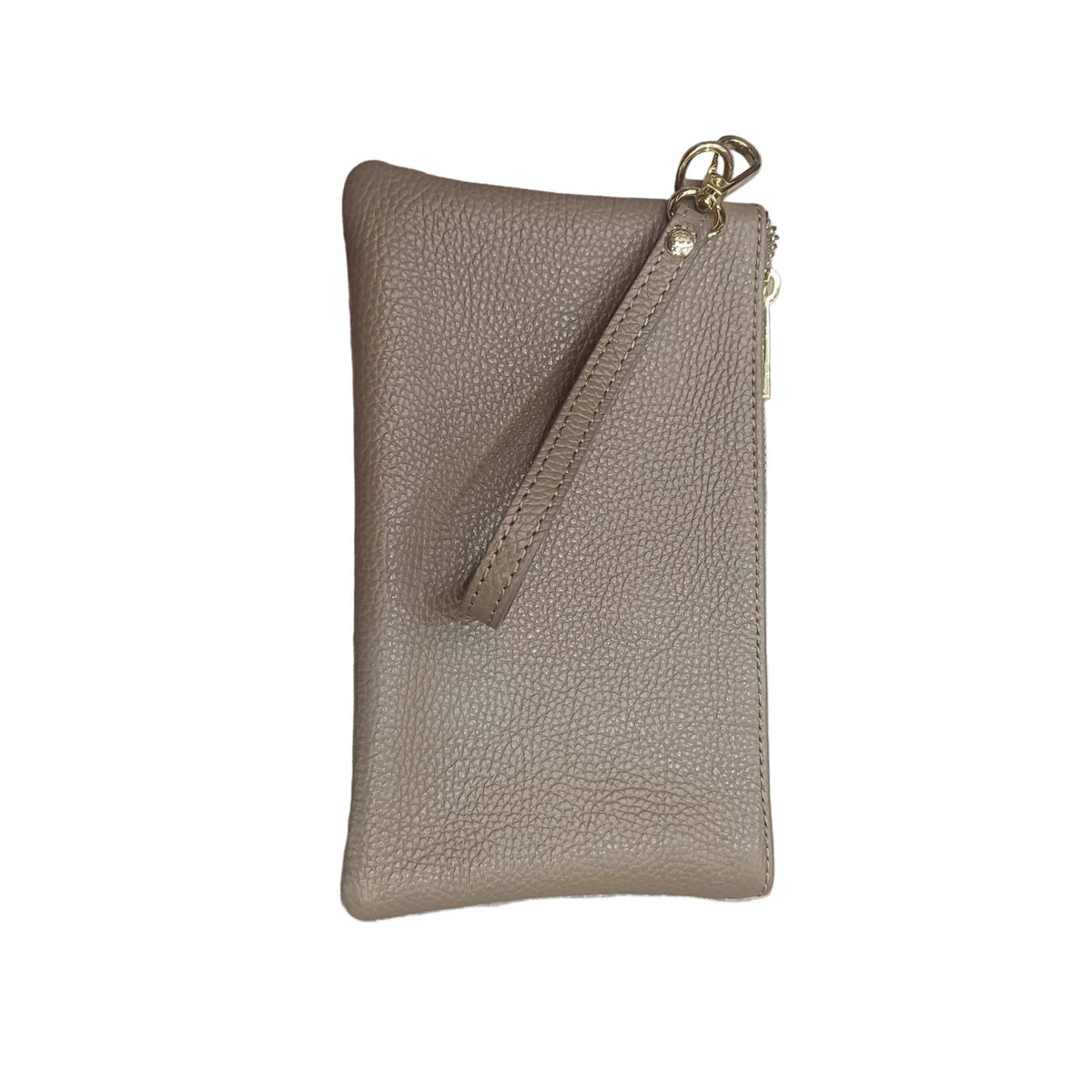 pochette piccola in pelle taupe scuro unisex in vitello martellato made in taly cuoieria italiana
