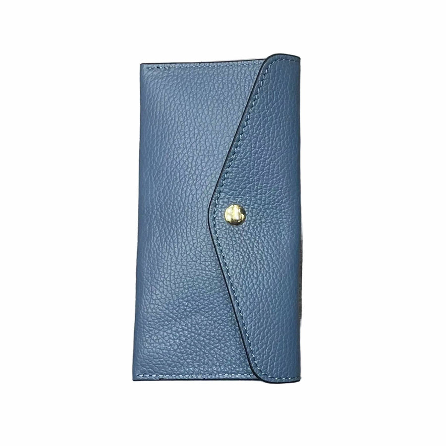 portafoglio sottile in pelle azzurro blue jeans artigianale porta carte in cuoio made in italy cuoieria italiana