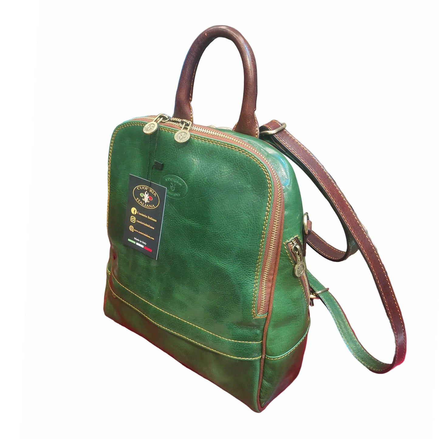 reporter zaino medio compatto in pelle verde e marrone borsa trasformabile a tracolla in cuoio made in italy cuoieria italiana