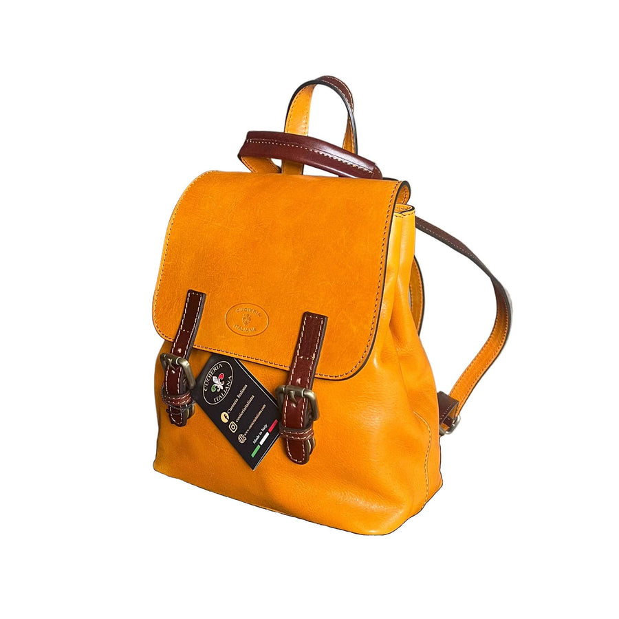 smart zaino compatto in pelle giallo e marrone borsa a tracolla in cuoio made in italy cuoieria italiana