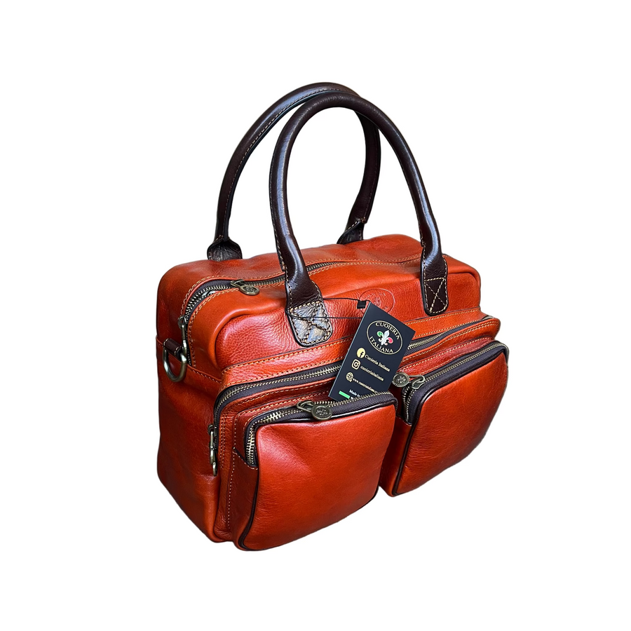 testuggine borsa cartella arancione da lavoro compatta in pelle artigianale made in italy cuoieria italiana