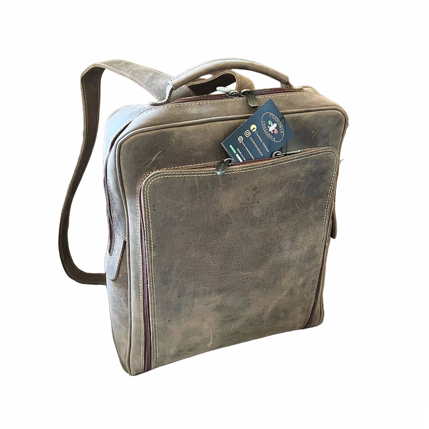 zaino grande compatto in pelle cuoio invecchiato scuro borsa in cuoio made in italy cuoieria italiana