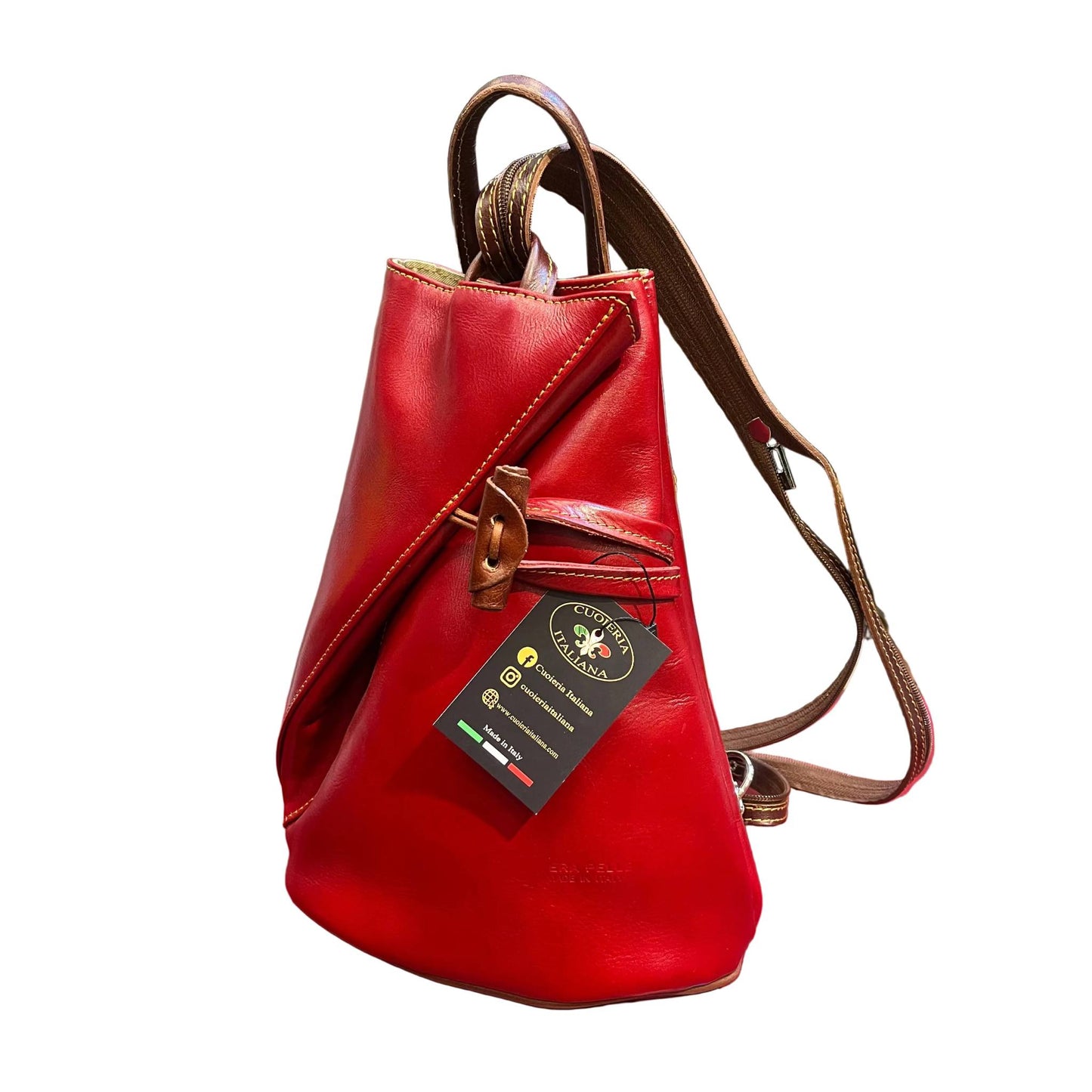 zaino spallone da donna in vera pelle rosso e marrone borsa fatta a mano in cuoio made in italy cuoieria italiana