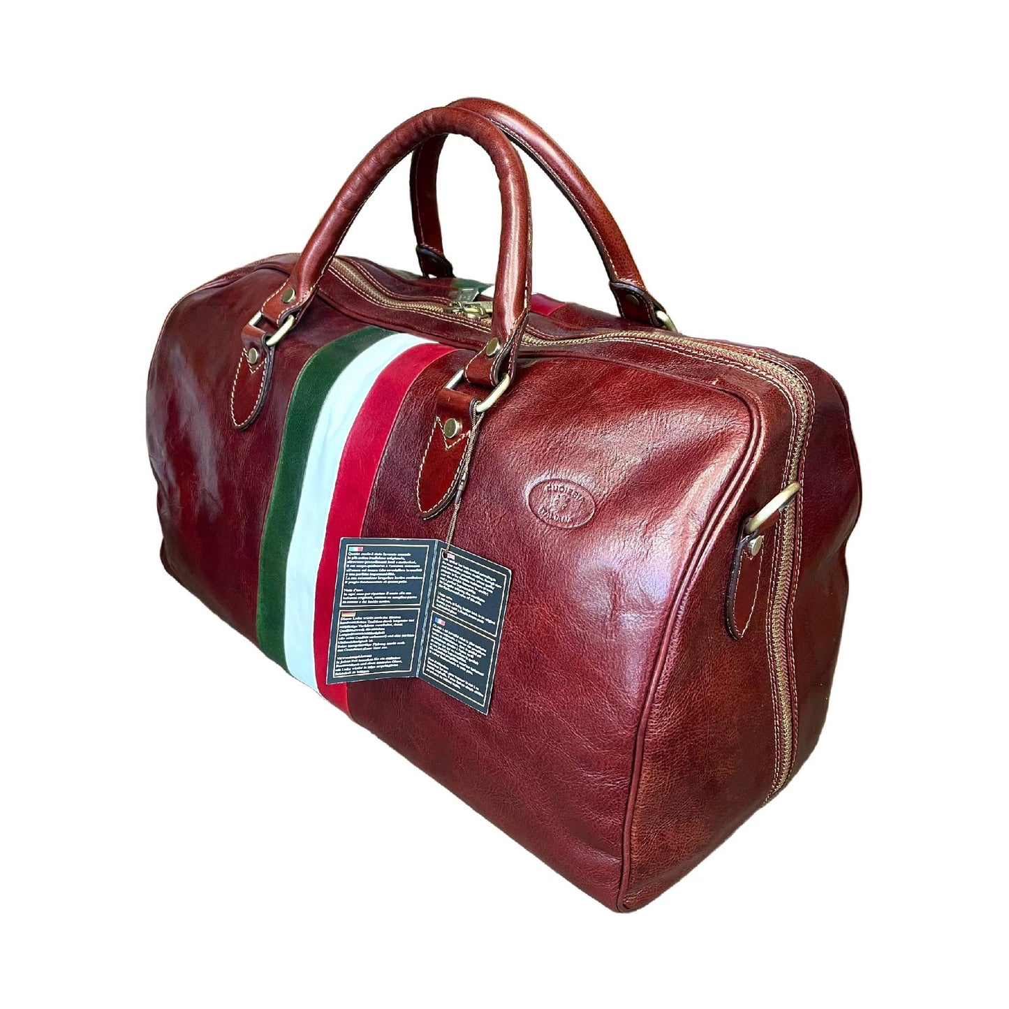 Borsone in pelle marrone con tricolore | Bagaglio a mano classico Made in Italy – Cuoieria Italiana