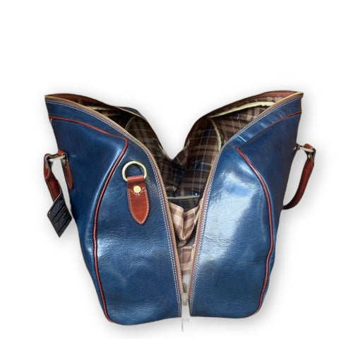 Blue leather carry-on bag