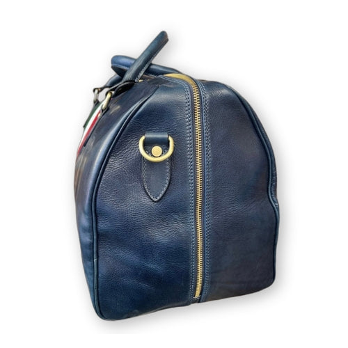 Blue leather duffel bag with tricolour for hand luggage