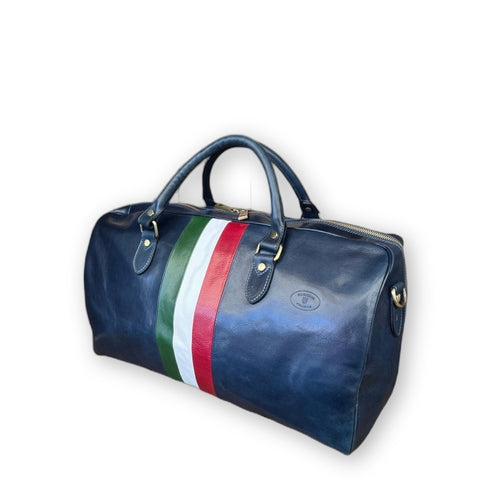 Blue leather duffel bag with tricolour for hand luggage