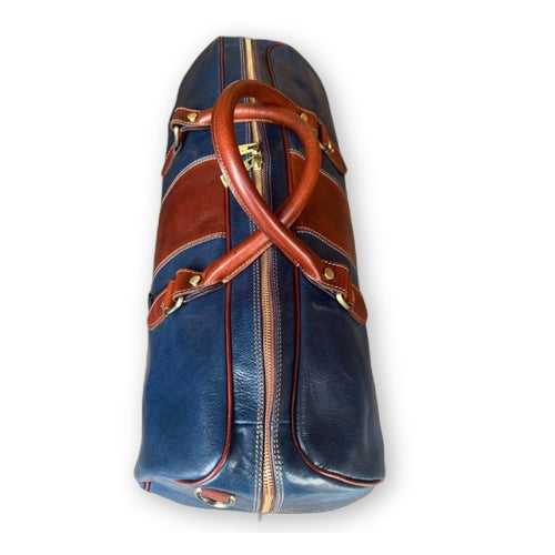 Blue leather carry-on bag