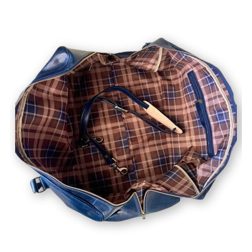 Blue leather duffel bag with tricolour for hand luggage