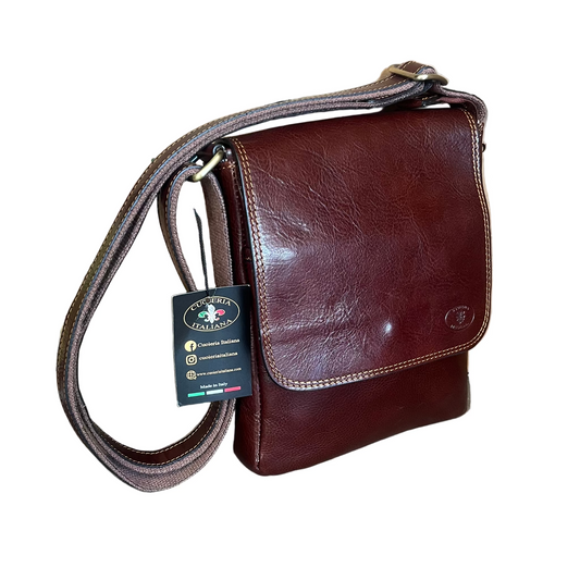 Borsello con pattina in pelle marrone da uomo accessorio In cuoio artigianale Made in Italy Cuoieria Italiana