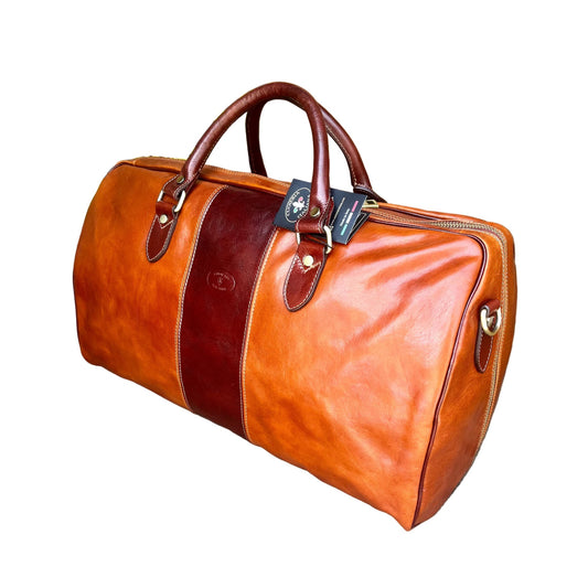 Borsone in pelle bicolore cuoio naturale Bagaglio a mano valigia artigianale Made in Italy Cuoieria Italiana