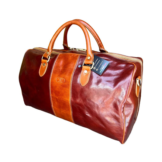 Borsone in pelle bicolore marrone e cuoio naturale valigia Bagaglio a mano artigianale Made in Italy Cuoieria Italiana