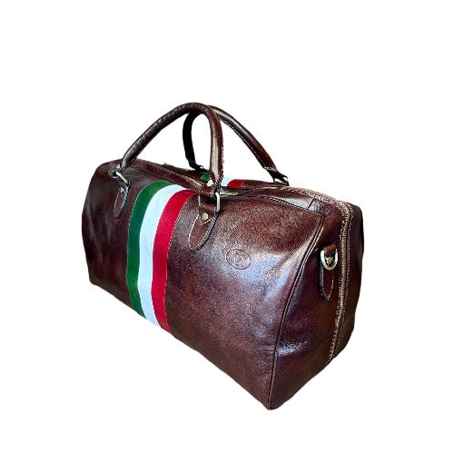 Dark brown leather duffel bag with tricolour for hand luggage