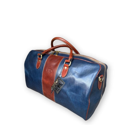Blue leather carry-on bag