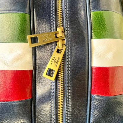 Blue leather duffel bag with tricolour for hand luggage