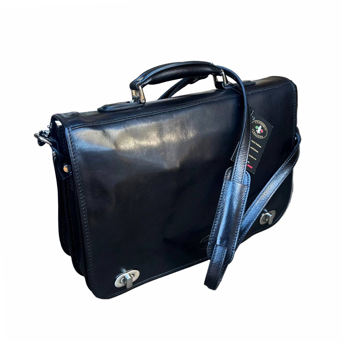 Cartella da lavoro in pelle nera con chiusura a girello Borsa professionale Made in Italy Cuoieria Italiana