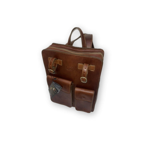 Classic natural leather backpack with umbrella holder