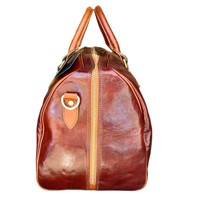 Borsone in pelle bicolore marrone e cuoio naturale | Bagaglio a mano artigianale Made in Italy – Cuoieria Italiana