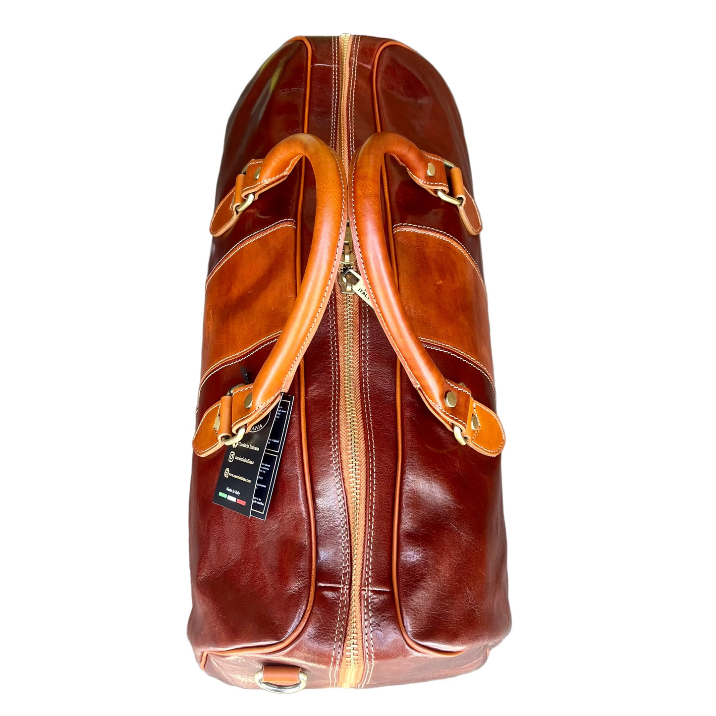 Borsone in pelle bicolore marrone e cuoio naturale | Bagaglio a mano artigianale Made in Italy – Cuoieria Italiana