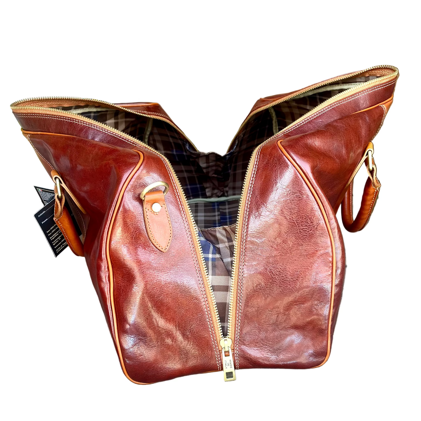 Borsone in pelle bicolore marrone e cuoio naturale | Bagaglio a mano artigianale Made in Italy – Cuoieria Italiana