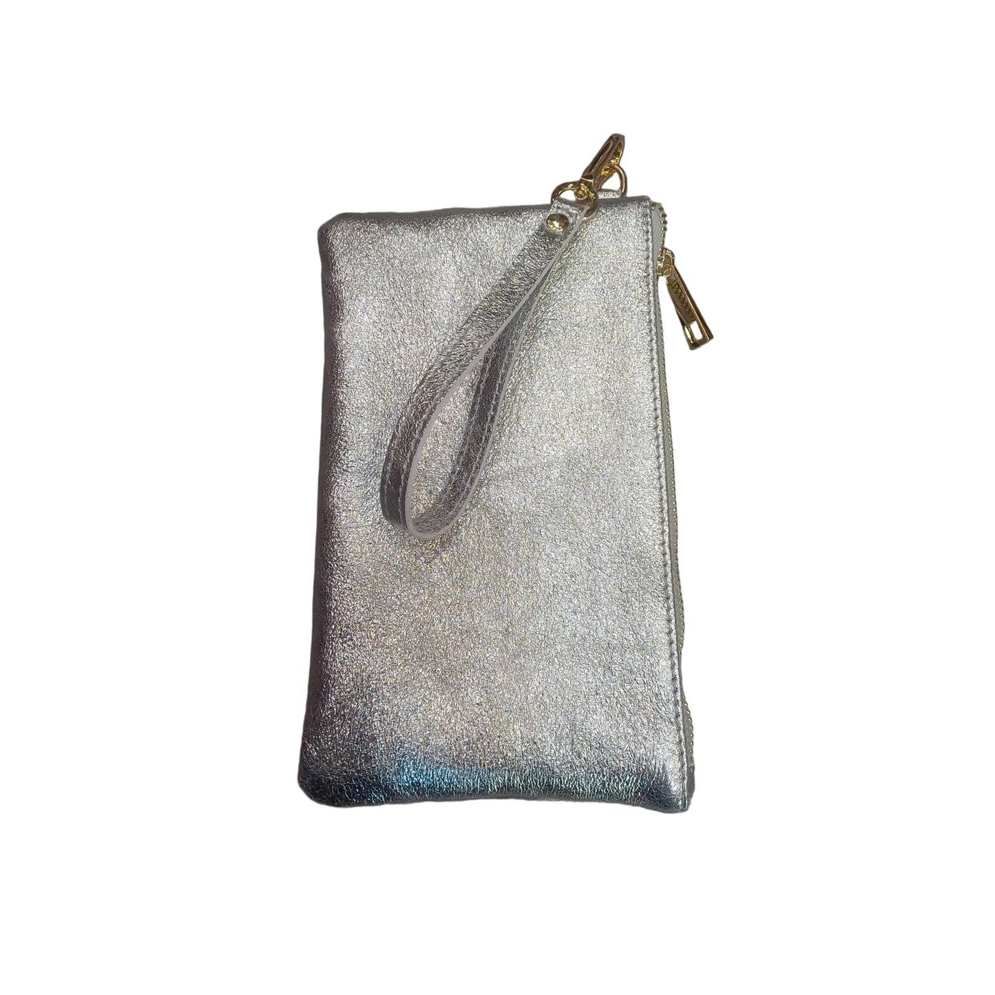 Pochette piccola in pelle argento accessorio Unisex in vitello martellato Made in Italy Cuoieria Italiana
