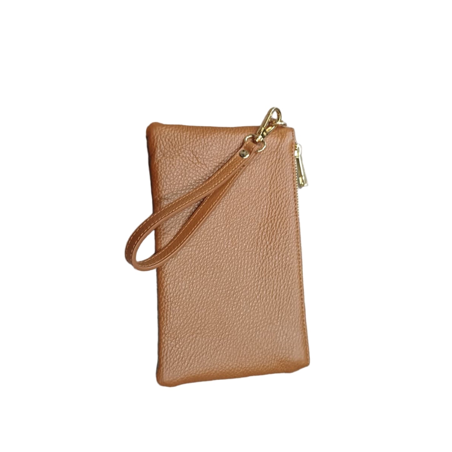 Pochette piccola in pelle cammello scuro accessorio Unisex in vitello martellato Made in Italy Cuoieria Italiana