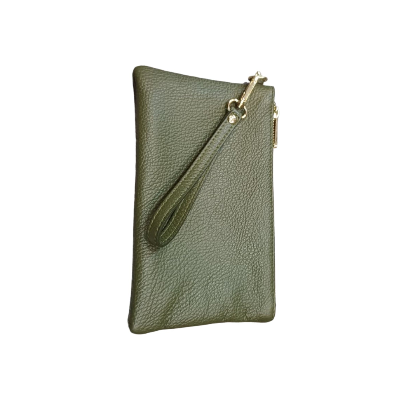 Pochette piccola in pelle verde militare accessorio Unisex in vitello martellato Made in Italy Cuoieria Italiana