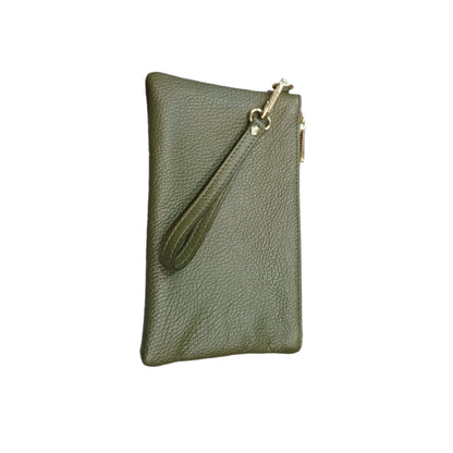 Pochette piccola in pelle verde militare accessorio Unisex in vitello martellato Made in Italy Cuoieria Italiana