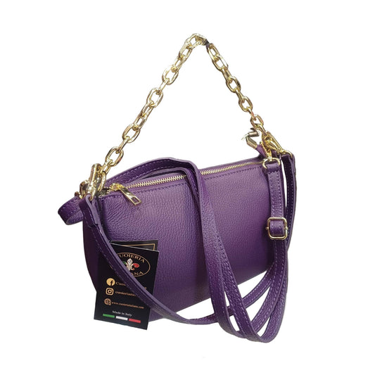 a tracolla catena d'oro apollo borsa postino a tracolla in pelle viola da donna made in italy cuoieria italiana