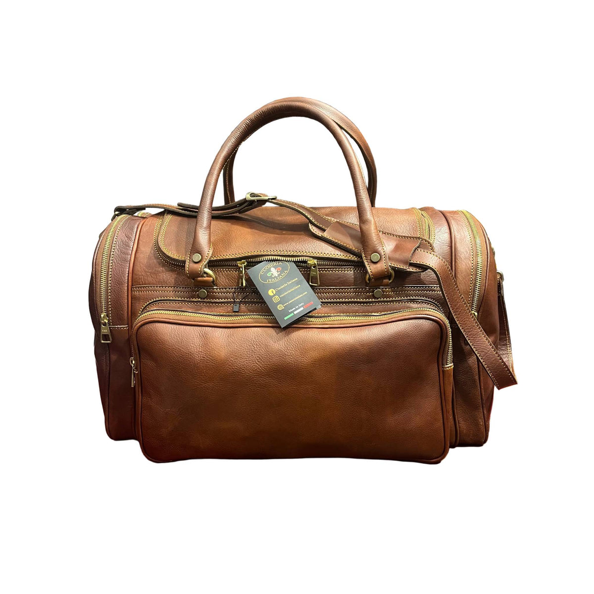 gimnasio bagaglio a mano sportivo in cuoio a tracolla borsa da viaggio borsone fatto a mano in pelle marrone classico made in italy cuoieria italiana®