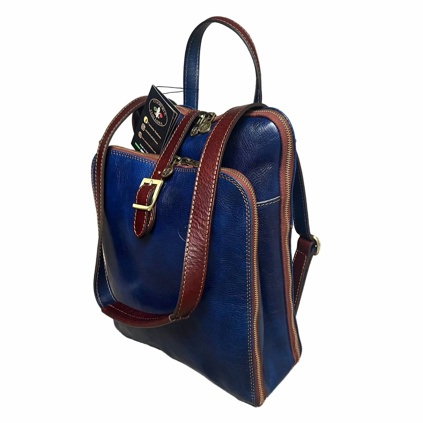 a tracolla zaino a triplo scomparto in pelle blue navy e marrone zaino uomo donna made in italy cuoieria italiana