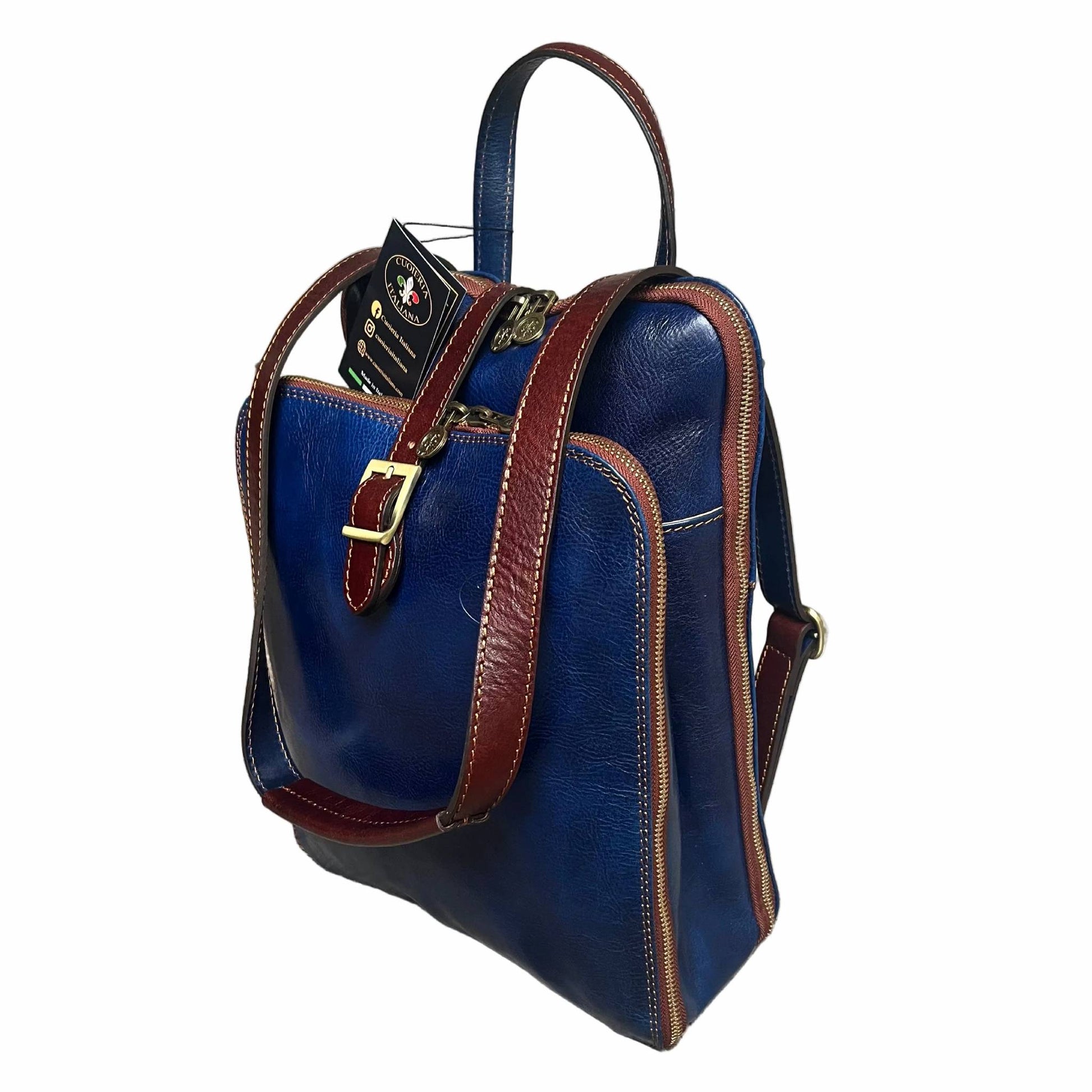a tracolla zaino a triplo scomparto in pelle blue navy e marrone zaino uomo donna made in italy cuoieria italiana