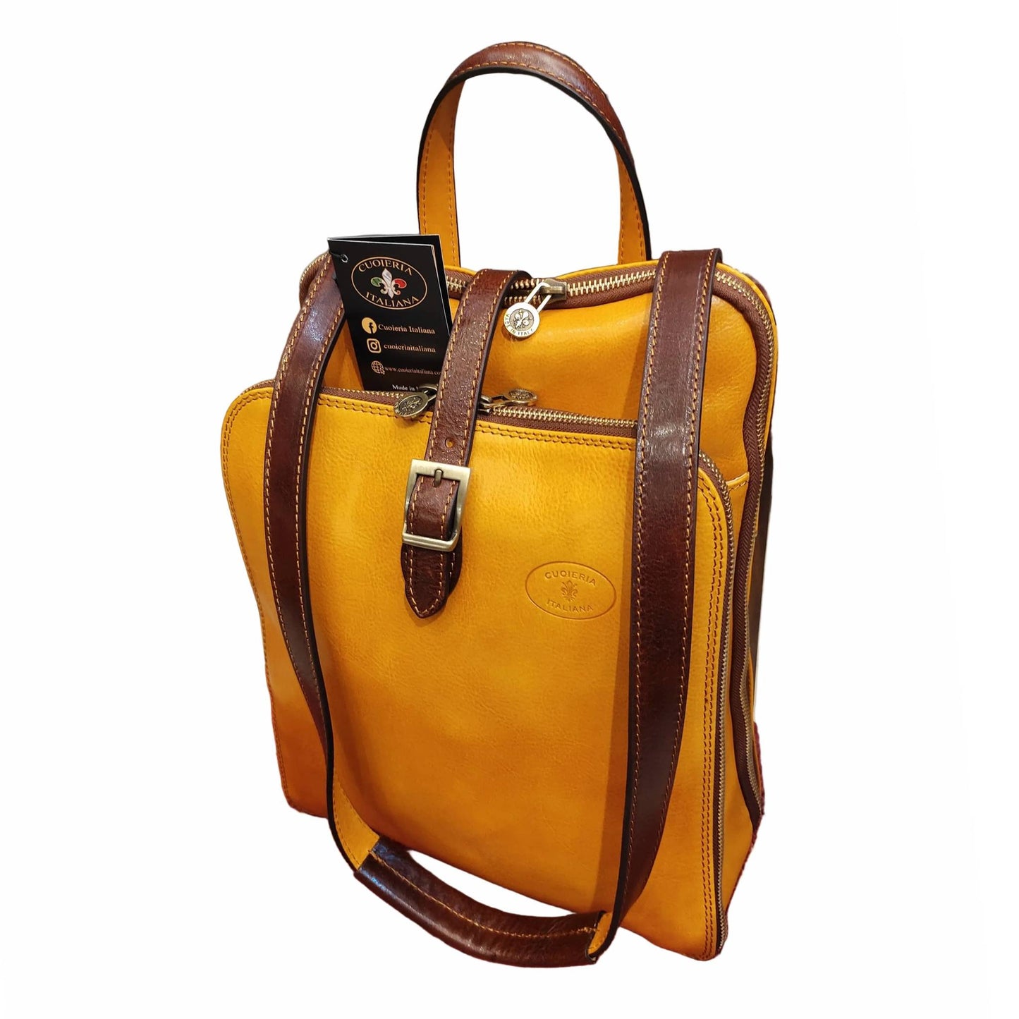 a tracolla zaino a triplo scomparto in pelle giallo e marrone zaino uomo donna made in italy cuoieria italiana