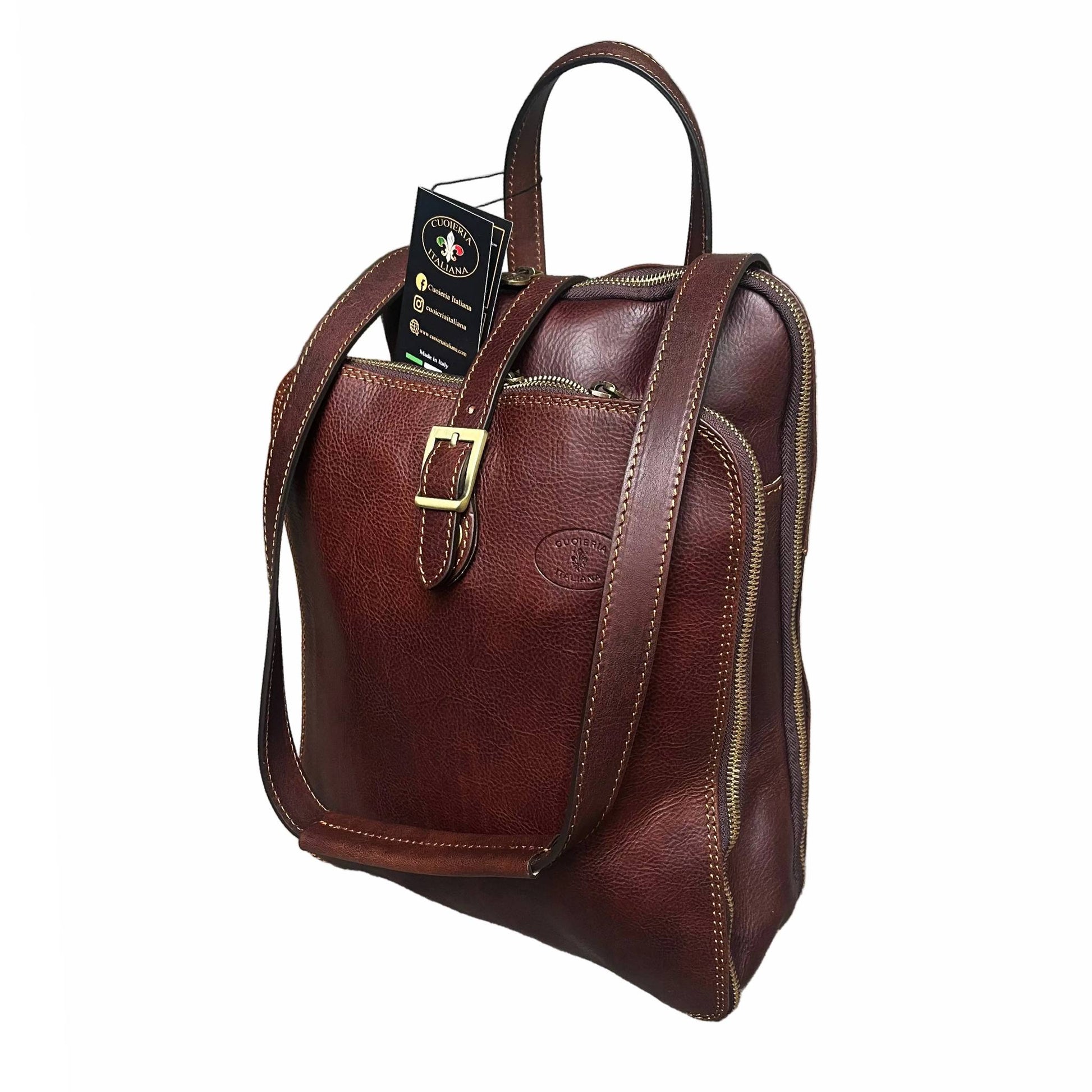 a tracolla zaino a triplo scomparto in pelle marrone testa di moro zaino uomo donna made in italy cuoieria italiana