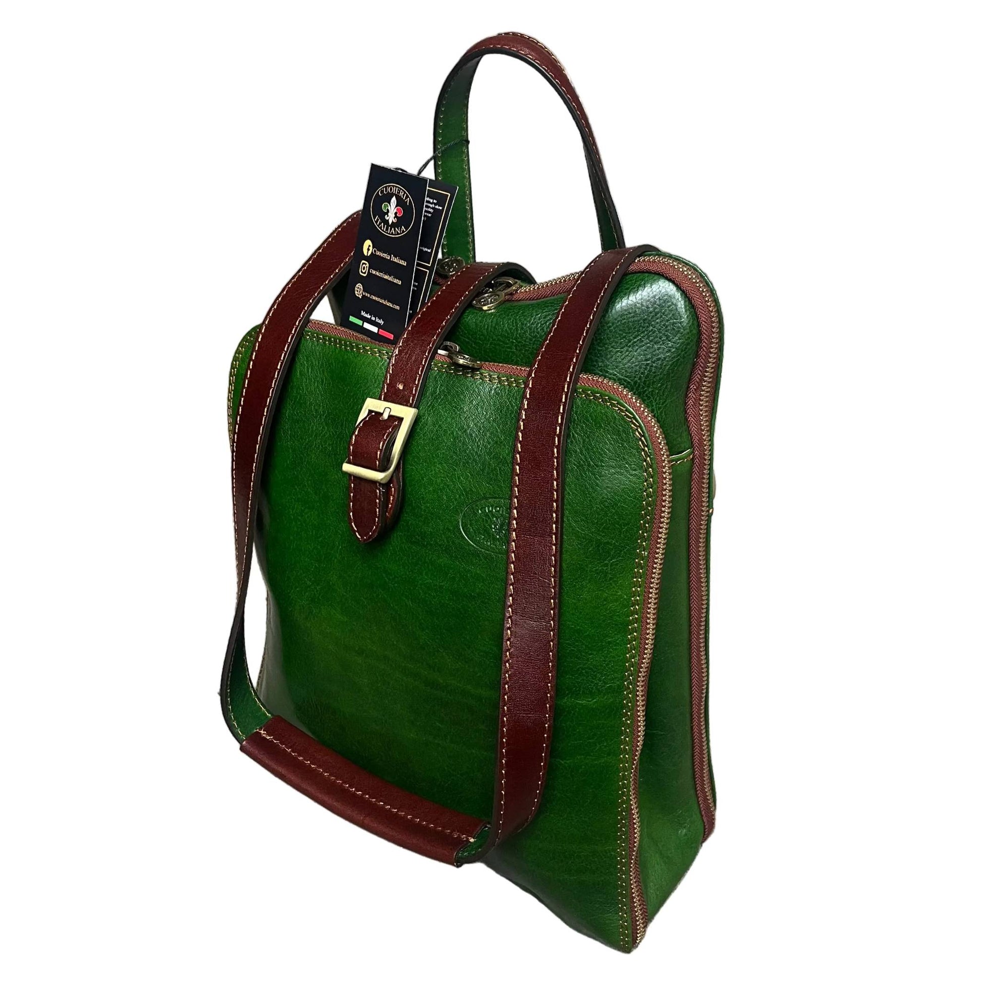 a tracolla zaino a triplo scomparto in pelle verde e marrone zaino uomo donna made in italy cuoieria italiana
